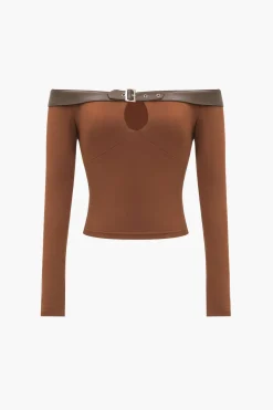 MICAS Long Sleeve Tops|Long Sleeves Tops-Cut Out Off Shoulder Long-Sleeve Top BROWN