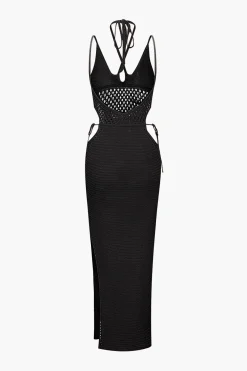 MICAS Knitwear|Knit Dresses-Cut Out Open Knit Backless Halter Maxi Dress