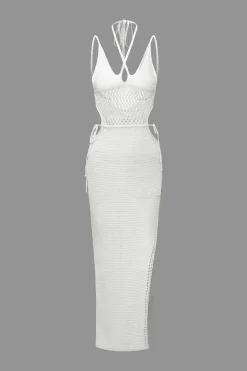 MICAS Knitwear|Knit Dresses-Cut Out Open Knit Backless Halter Maxi Dress