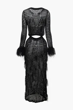 MICAS Knit Dresses-Cut Out Open Knit Fringe Cuff Maxi Dress BLACK