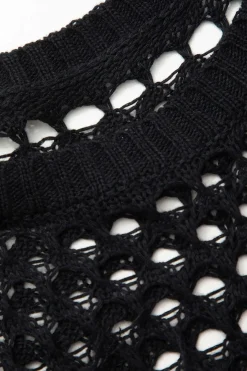 MICAS Knit Dresses-Cut Out Open Knit Fringe Cuff Maxi Dress BLACK