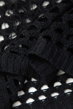 MICAS Knit Dresses-Cut Out Open Knit Fringe Cuff Maxi Dress BLACK