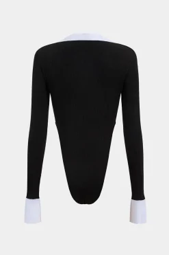 MICAS Bodysuits-Cut Out Patchwork Contrast Binding Long Sleeve Bodysuit BLACK