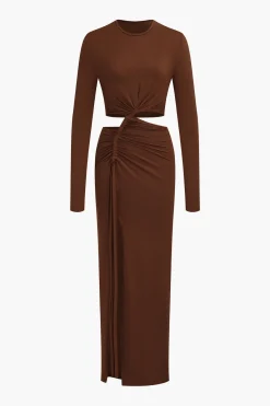 MICAS Long Sleeve Dresses|Maxi Dresses-Cut Out Ruched Long Sleeve Maxi Dress BROWN
