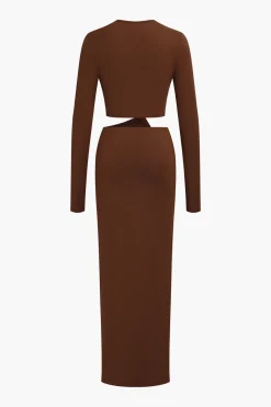 MICAS Long Sleeve Dresses|Maxi Dresses-Cut Out Ruched Long Sleeve Maxi Dress BROWN