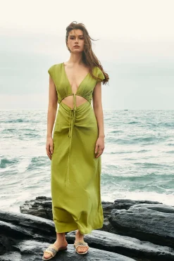 MICAS Maxi Dresses-Cut Out Sleeveless V-Neck Maxi Dress OLIVE