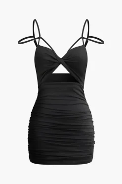 MICAS Mini Dresses-Cut Out Twist Knot Ruched Sleeveless Mini Dress BLACK