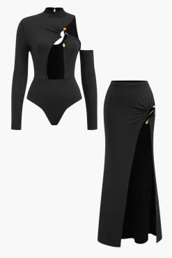 MICAS Skirt Sets-Cutout Bodysuit And High-Slit Skirt Set BLACK