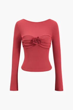 MICAS Long Sleeve Tops|Long Sleeves Tops-3D Floral Backless Long-Sleeve Top RED