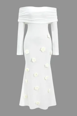 MICAS Long Sleeve Dresses|Knit Dresses-3D Floral Knit Off Shoulder Long Sleeve Dress WHITE