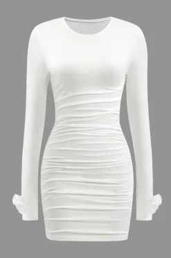 MICAS Mini Dresses|Long Sleeve Dresses-3D Floral Long Sleeve Round Neck Ruched Mini Dress WHITE