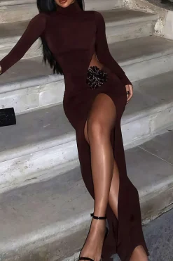 MICAS Long Sleeve Dresses|Maxi Dresses-3D Floral Slit Long Sleeve Maxi Dress