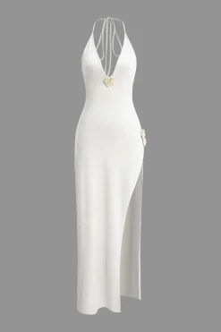 MICAS Maxi Dresses-3D Floral V-Neck Backless Slit Maxi Dress