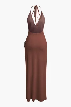 MICAS Maxi Dresses-3D Floral V-Neck Backless Slit Maxi Dress