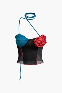 MICAS Tank Tops & Cami-3D Flower Contrast Halter Tank Top BLACK