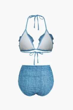 MICAS Vacation Sets|Swimwear-3D Flower Denim Halter Bikini Set BLUE