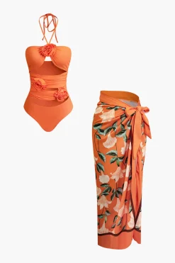 MICAS Swimwear|Vacation Sets-3D Flower Tie Halter Cut Out Swimsuit And Wrap Knot Cover Up Skirt Set ORANGE