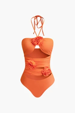 MICAS Swimwear|Vacation Sets-3D Flower Tie Halter Cut Out Swimsuit And Wrap Knot Cover Up Skirt Set ORANGE