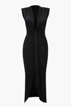 MICAS Midi Dresses-Deep V-Neck Sleeveless Midi Dress