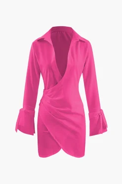 MICAS Mini Dresses-Deep V-neck Wrap Mini Shirt Dress