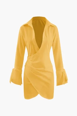 MICAS Mini Dresses-Deep V-neck Wrap Mini Shirt Dress