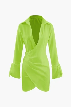 MICAS Mini Dresses-Deep V-neck Wrap Mini Shirt Dress