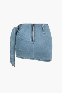 MICAS Skirts-Denim Asymmetrical Bow Skirt STEEL BLUE