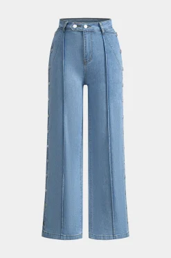 MICAS Jeans-Denim Button Detail Straight Leg Jeans LIGHT WASH BLUE