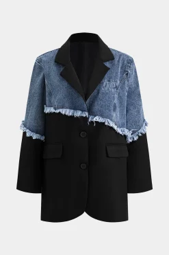 MICAS Outerwear|Outerwear-Denim Button Patchwork Long Sleeve Blazer Contrast Color
