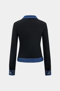 MICAS Long Sleeve Tops|Long Sleeves Tops-Denim Button Patchwork Pocket Long-Sleeve Top BLACK