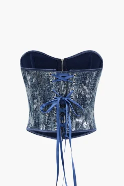MICAS Tube Tops-Denim Corset Sequin Zipper Tube Top DARK WASH BLUE