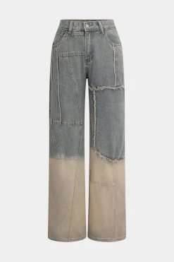 MICAS Jeans-Denim Faded Straight Leg Jeans Contrast Color