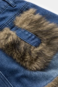 MICAS Skirts-Denim Faux Fur Patchwork Button Skirt DARK WASH BLUE