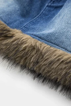 MICAS Skirts-Denim Faux Fur Patchwork Button Skirt DARK WASH BLUE