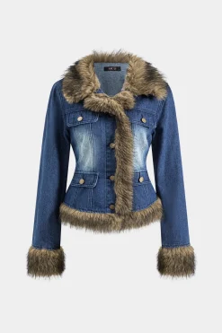 MICAS Outerwear|Outerwear-Denim Faux Fur Patchwork Jacket DARK WASH BLUE