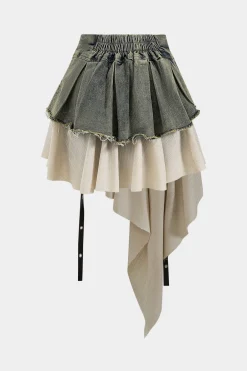 MICAS Skirts-Denim High Waist Patchwork Skirt BEIGE