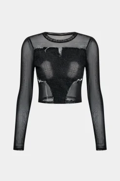 MICAS T-Shirts-Denim Mesh Patchwork Long Sleeve T-Shirt BLACK