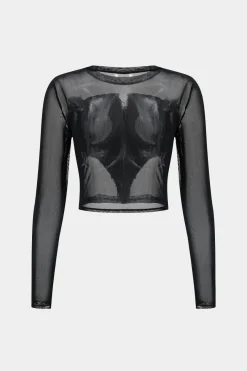 MICAS T-Shirts-Denim Mesh Patchwork Long Sleeve T-Shirt BLACK