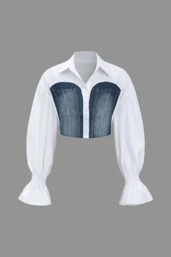MICAS Long Sleeve Tops|Long Sleeves Tops-Denim Patchwork Bell Sleeves Long-Sleeve Shirt WHITE