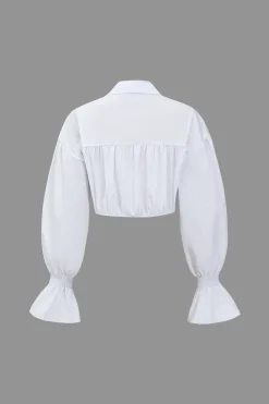 MICAS Long Sleeve Tops|Long Sleeves Tops-Denim Patchwork Bell Sleeves Long-Sleeve Shirt WHITE