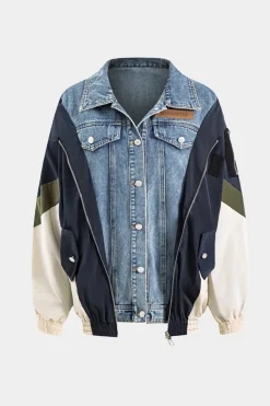 MICAS Outerwear|Outerwear-Denim Patchwork Button Pocket Long-Sleeve Coat Contrast Color