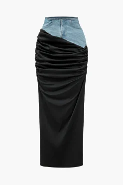 MICAS Skirts-Denim Patchwork Color Block Ruched Zipper Skirt BLACK