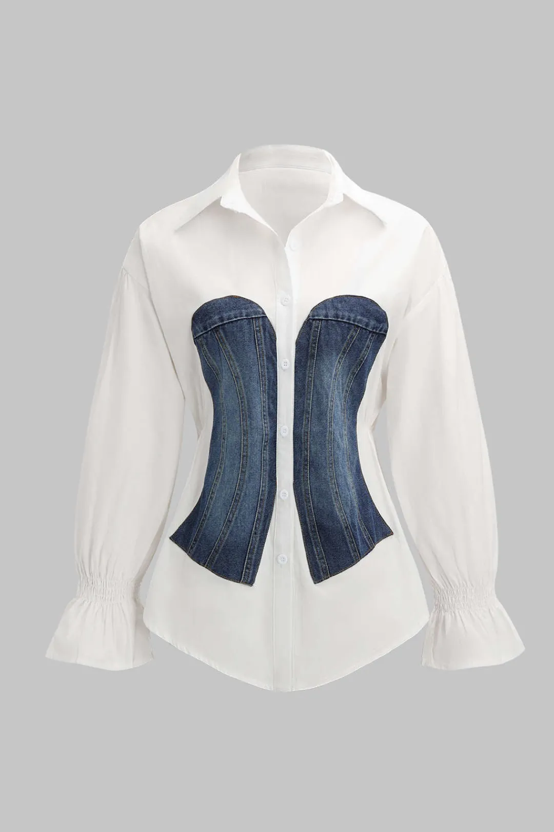 MICAS Long Sleeve Tops|Long Sleeves Tops-Denim Patchwork Corset Waist Long-Sleeve Shirt WHITE