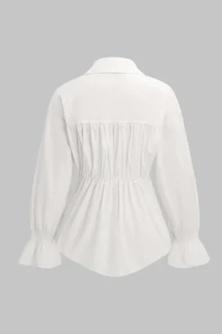 MICAS Long Sleeve Tops|Long Sleeves Tops-Denim Patchwork Corset Waist Long-Sleeve Shirt WHITE