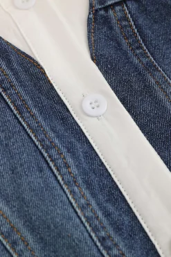 MICAS Long Sleeve Tops|Long Sleeves Tops-Denim Patchwork Corset Waist Long-Sleeve Shirt WHITE