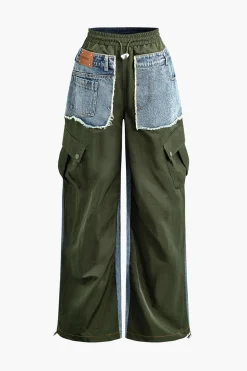 MICAS Cargo Pants|Jeans-Denim Patchwork Flap Pocket Drawstring Cargo Jeans GREEN