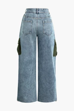 MICAS Cargo Pants|Jeans-Denim Patchwork Flap Pocket Drawstring Cargo Jeans GREEN