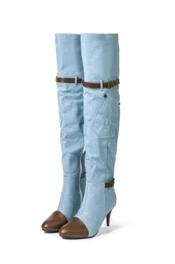 MICAS Shoes|Boots-Denim Patchwork High Heel Almond Toe Over The Knee Boots LIGHT WASH BLUE