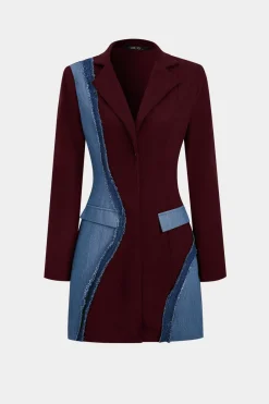 MICAS Long Sleeve Dresses|Blazers-Denim Patchwork Long Sleeve Blazer Suit Mini Dress