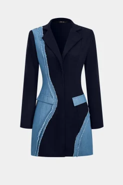 MICAS Long Sleeve Dresses|Blazers-Denim Patchwork Long Sleeve Blazer Suit Mini Dress